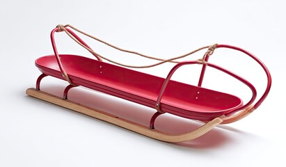 A vibrant red metal sled with wooden runners, featuring a shallow, boat-shaped body and simple rope handles.  The sled rests on a plain white background