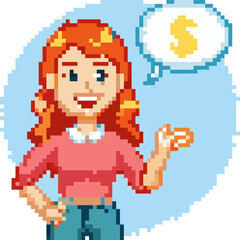 Fototapeta premium Pixel art woman holding coin with dollar sign speech bubble on blue background