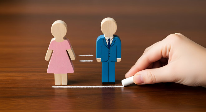 Concept image of gender equality. Female and male symbols. Hand writing equal sign on blackboard.