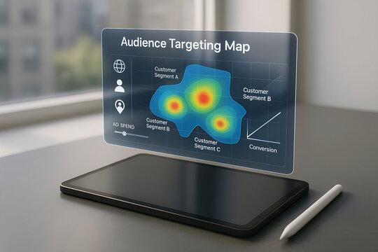 Futuristic audience targeting map visualization on tablet demonstrating digital marketing and data analytics strategies focusing on conversion optimization