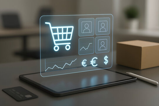 Futuristic online shopping concept displayed on a tablet with e commerce icons and currency symbols representing transactions and digital sales