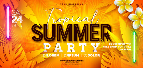 Summer Party Banner Design Template with Glowing Neon Light on Fluorescent Tropic Leaves Background. Vector Summer Celebration Holiday Illustration for Banner, Flyer, Invitation or Celebration Poster.