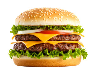  Classic Beef Burger with Lettuce, Tomato, and Cheese, Front View, Transparent PNG
