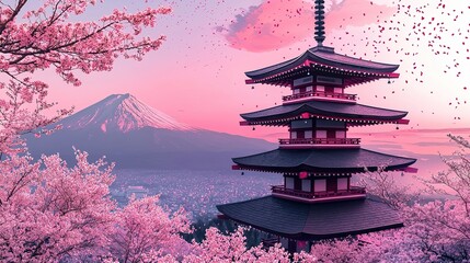 Fototapeta premium A traditional Japanese pagoda surrounded by cherry blossoms with Mount Fuji in the background at sunset.