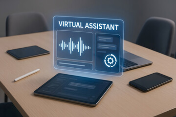 Modern office desk with holographic virtual assistant interface and communication devices represents ai technology