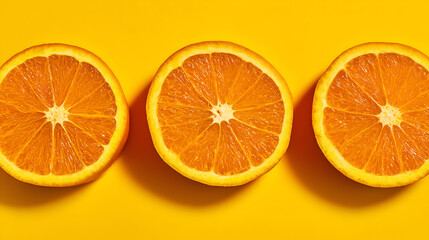 three slices of fresh, juicy oranges placed against a vibrant yellow background