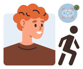 Human face in profile with curly hair, focus on eye scan, verified checkmark, and walking figure icon for movement detection. Ideal for biometrics, identification, surveillance, AI security. Simple