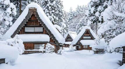 Traditional wooden houses covered in thick snow nestled in a serene, snowy forest village during winter.