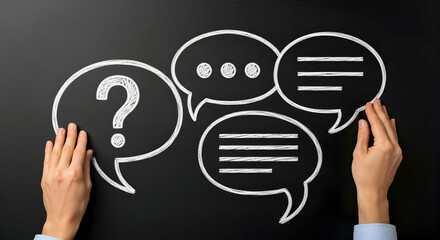 Business communication breakdown concept. Lack of communication skills. Businessmen drawing speech balloons on chalkboard.