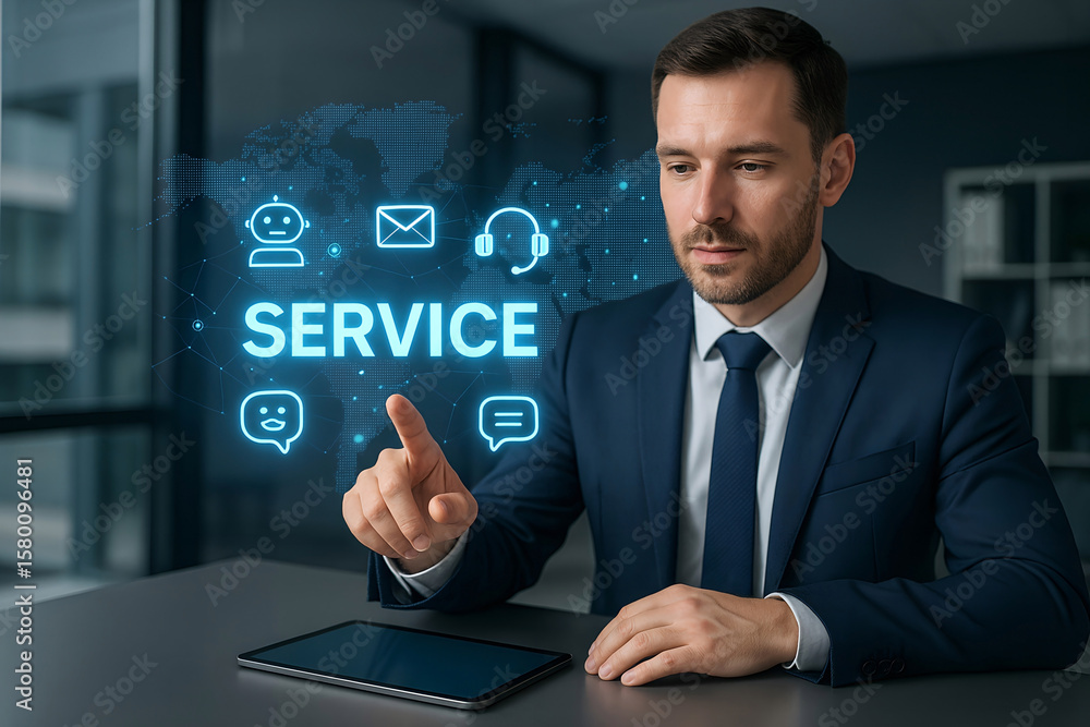 Poster professional businessman interacting with futuristic customer service icons on a digital display rep