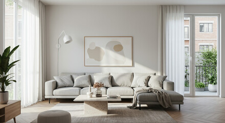 Modern living room with neutral tones and natural light creating a calming atmosphere