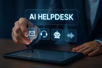 Person using a tablet to access an ai helpdesk with various customer service options, representing automated support and assistance.