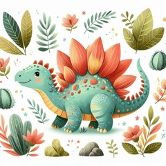 Obraz premium A whimsical dinosaur stands amid vibrant foliage, radiating joy and playfulness in nature