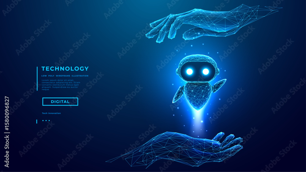 Poster abstract digital ai robot into palms. ai agent are flying of a hand. artificial intelligence concept