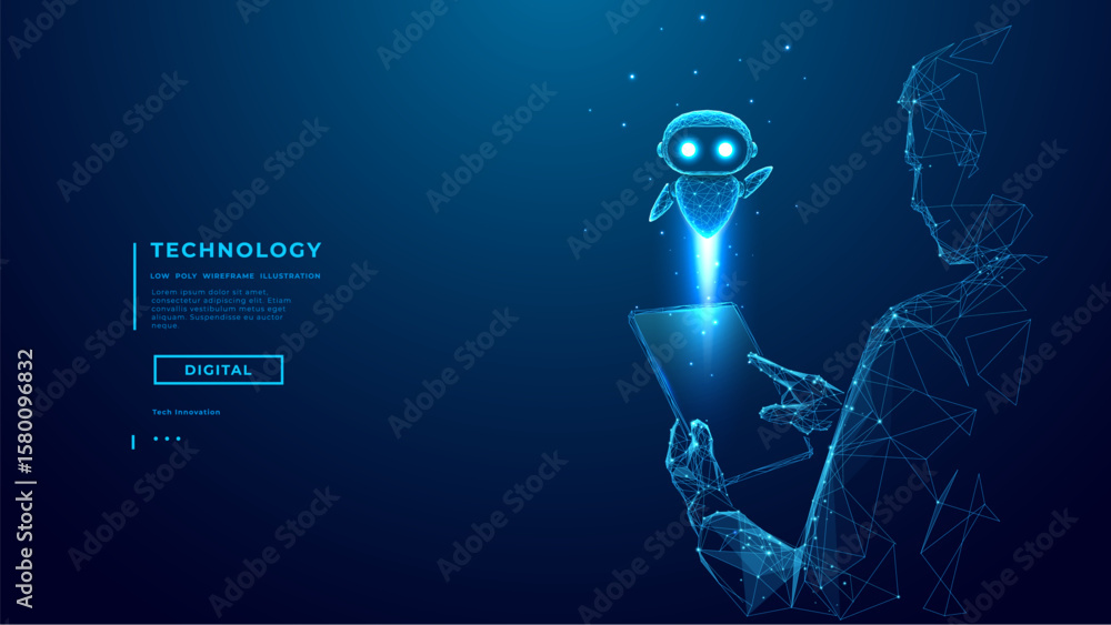 Poster abstract ai robot flying out of a tablet. low poly man holds tablet with ai agent hologram. chatbot 