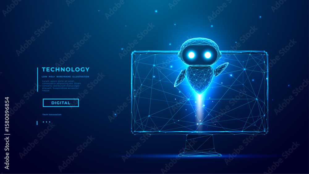 Poster abstract tech ai agent or chatbot are flying of computer monitor screen. futuristic ai robot on dark