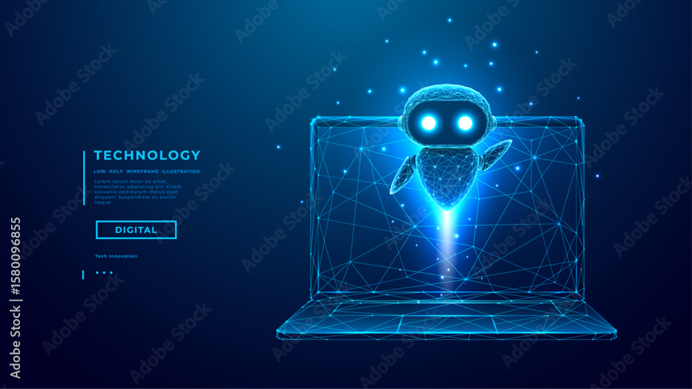 Poster futuristic ai agent bot flying out of a digital laptop. robot assistant concept in tech wireframe st