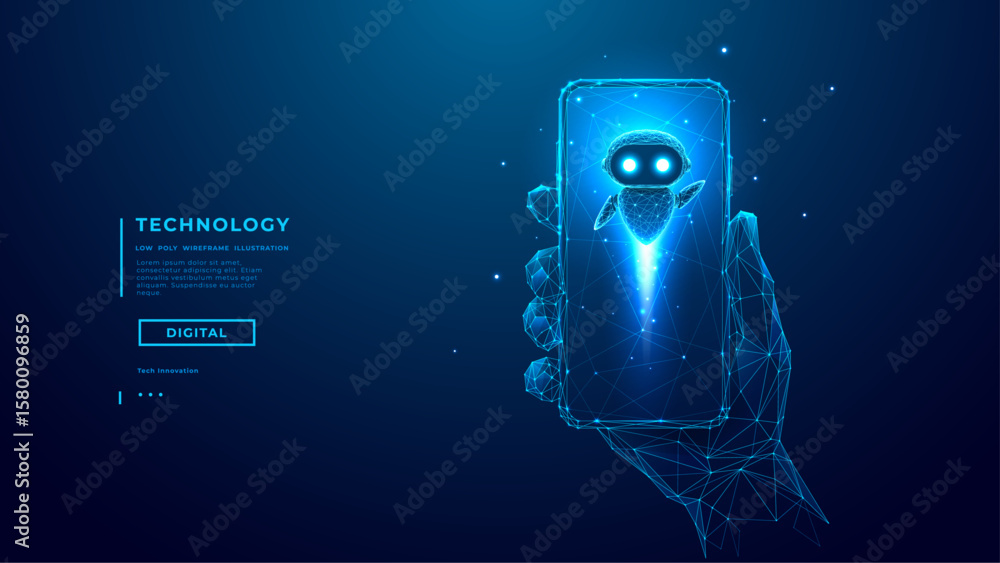 Poster ai assistant bot flying out of a smartphone screen. mobile app robot with glowing eyes in digital lo