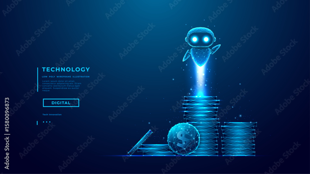 Poster ai agent robot flying above stacks of coins. modern fintech assistant bot helping with investment an