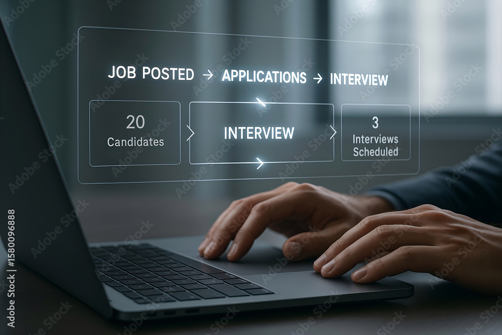 Poster recruitment process visualization on laptop screen shows job posting to interview stages with candid
