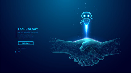 AI Robot Fly Over Digital Handshake on Technology Blue Background. Partnership Tech Concept. Abstract Digital AI Agent in Business. Vector Illustration. Finance Support.