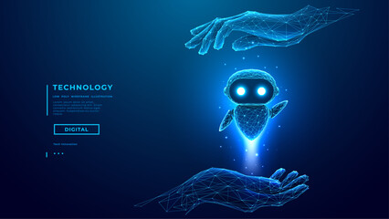 Abstract Digital AI Robot into Palms. AI Agent are Flying of a hand. Artificial Intelligence concept. Cuit Futuristic Bot on Technology Blue Background. Low Poly Wireframe Tech Vector Illustration.