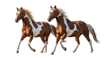 Two beautiful paint horses running together with flowing manes isolated on transparent background