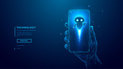 AI assistant bot flying out of a smartphone screen. Mobile app robot with glowing eyes in digital low poly style. Futuristic AI, app tech, and virtual support concept. Technology vector illustration.