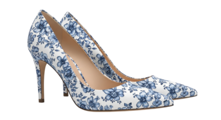 Elegant blue floral print stiletto high heel shoes isolated on transparent background
