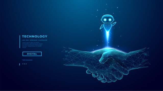 AI Robot Fly Over Digital Handshake on Technology Blue Background. Partnership Tech Concept. Abstract Digital AI Agent in Business. Vector Illustration. Finance Support.