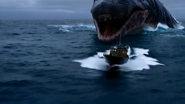 Giant prehistoric marine reptile emerging near fishing boat