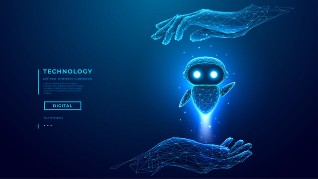 Abstract Digital AI Robot into Palms. AI Agent are Flying of a hand. Artificial Intelligence concept. Cuit Futuristic Bot on Technology Blue Background. Low Poly Wireframe Tech Vector Illustration.