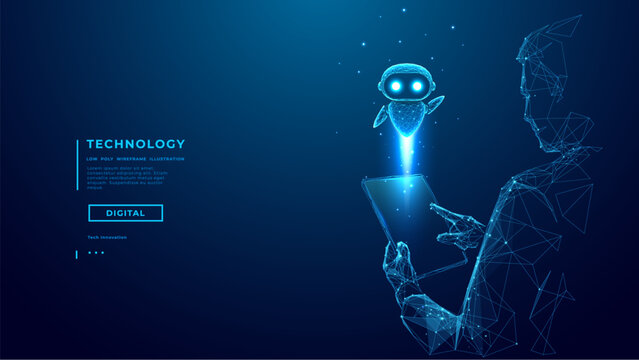 Abstract AI Robot Flying Out of a Tablet. Low Poly Man Holds Tablet with AI Agent Hologram. Chatbot mascot in polygonal wireframe tech style on technology blue background. Digital vector illustration.