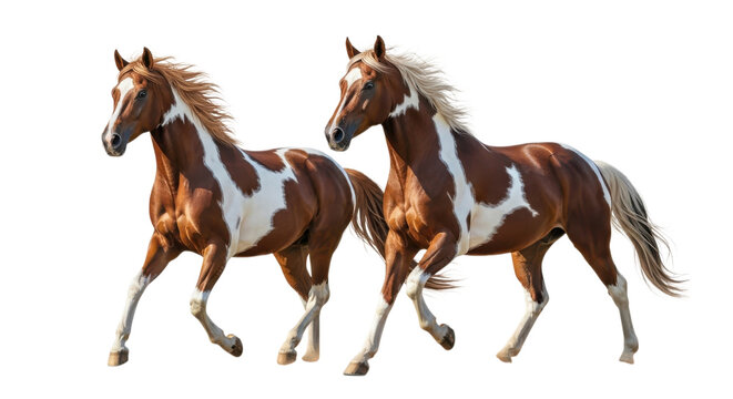 Two beautiful paint horses running together with flowing manes isolated on transparent background