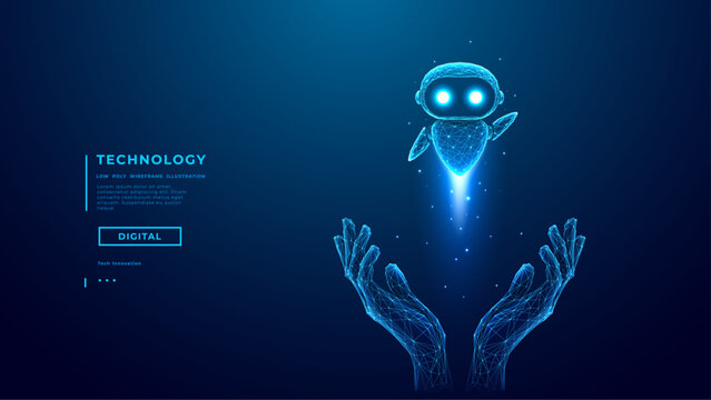 AI Agent Concept. Cute Technology AI Mascot in Abstract Human Palms. Artificial Intelligence Innovation And Safety. Futuristic Chatbot Character. Low Poly Wireframe Digital Vector Illustration. 