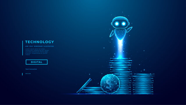 AI agent robot flying above stacks of coins. Modern fintech assistant bot helping with investment and budget management. Digital finance, trading, and AI-powered market solutions. Vector illustration.