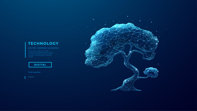Abstract Digital Tech Tree in Low Poly Wireframe Style on Dark Blue Technology Background. Growth business and Evolution Concept. Polygonal Tree. AI Agriculture Innovation. Vector illustration.