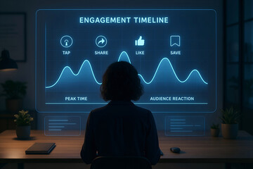 Woman analyzing digital social media engagement timeline data displayed on a futuristic monitor at her desk for marketing strategy