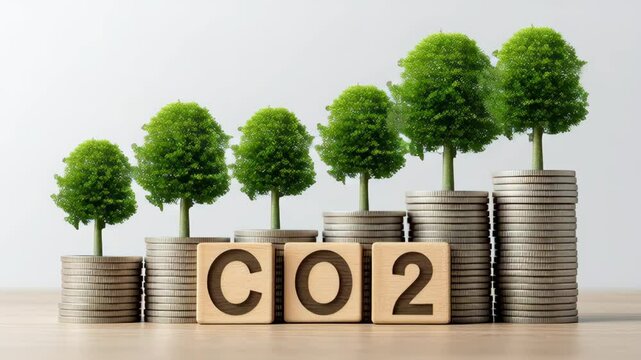 Business carbon credit. CO2 reduction and growth with wooden blocks and trees on stacked coins symbolizing environment, finance, sustainability, and green development