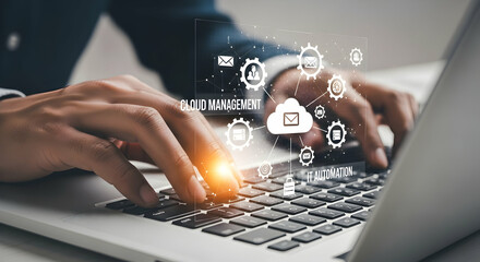 Cloud automation and management systems. Businessman using laptop computer for cloud computing.