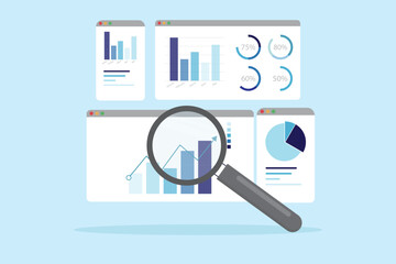 Data analytics research for business finance investment analysis marketing strategy concept. Magnifying glass with marketing infographic dashboard graph flat vector illustration.