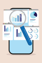 Data analytics research for business finance investment analysis from smart phone and AI Technology concept. Magnifying glass with marketing infographic dashboard graph flat vector illustration.