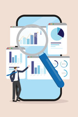 Data analytics research for business finance investment analysis from smart phone and AI Technology concept. Magnifying glass with marketing infographic dashboard graph flat vector illustration.