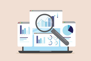Data analytics research for business finance investment analysis from Technology and AI concept. Magnifying glass with marketing infographic dashboard graph flat vector illustration.