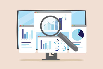 Data analytics research for business finance investment analysis from Technology and AI concept. Magnifying glass with marketing infographic dashboard graph flat vector illustration.