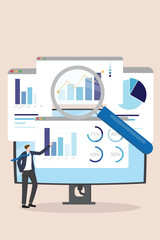 Data analytics research for business finance investment analysis from Technology and AI concept. Businessman and Magnifying glass with marketing infographic dashboard graph flat vector illustration.