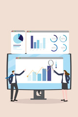 Data analytics research for business finance investment analysis report concept. Business team presenting marketing infographic dashboard graph monitor flat vector illustration.