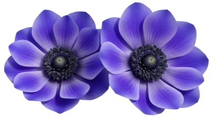 Two delicate purple anemone flowers with detailed petals isolated on transparent background