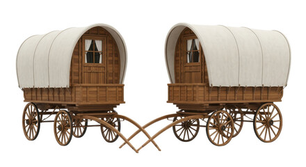 Two traditional wooden covered wagons with white canvas tops isolated on transparent background