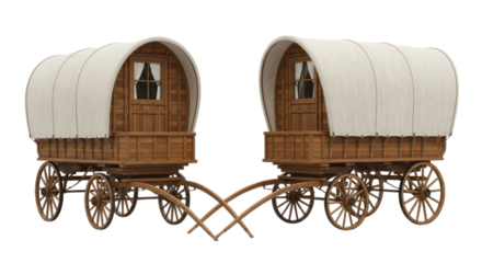 Two traditional wooden covered wagons with white canvas tops isolated on transparent background